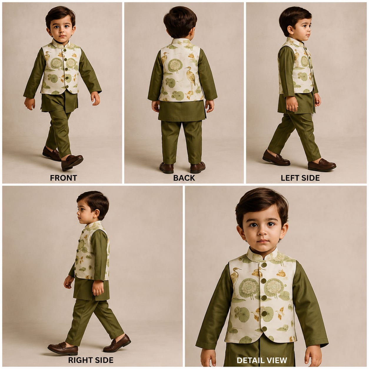Pre Order: Green Kurta And Printed Jacket With Pyjama
