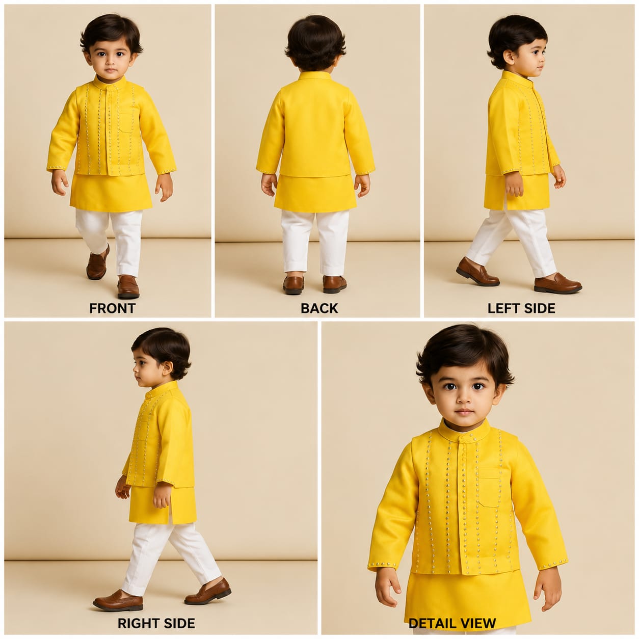 Pre Order: Faux Mirror Work Front Placket Yellow Kurta With Pocket Detail Jacket And Pyjama