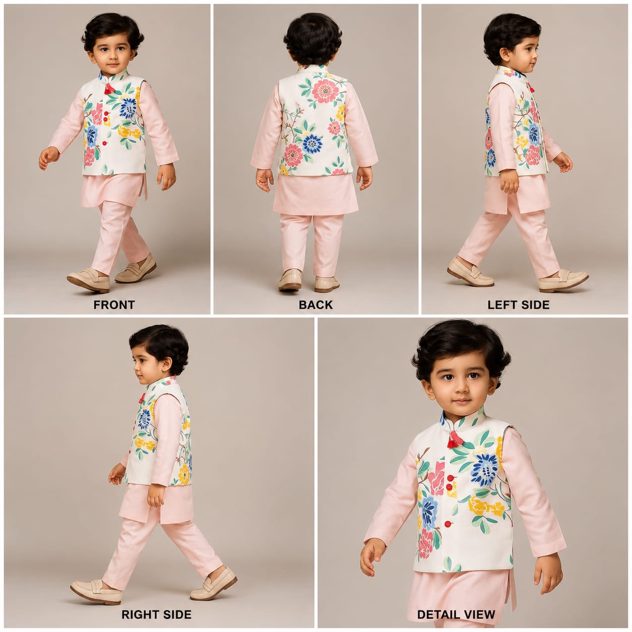 Pre Order: Pink Kurta With Floral Printed Jacket And Pyjama