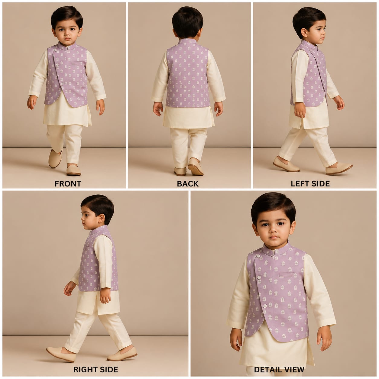 Pre Order: Off White Ethnic Kurta With Lilac Floral Embroidered Asymmetric Jacket And Pyjama