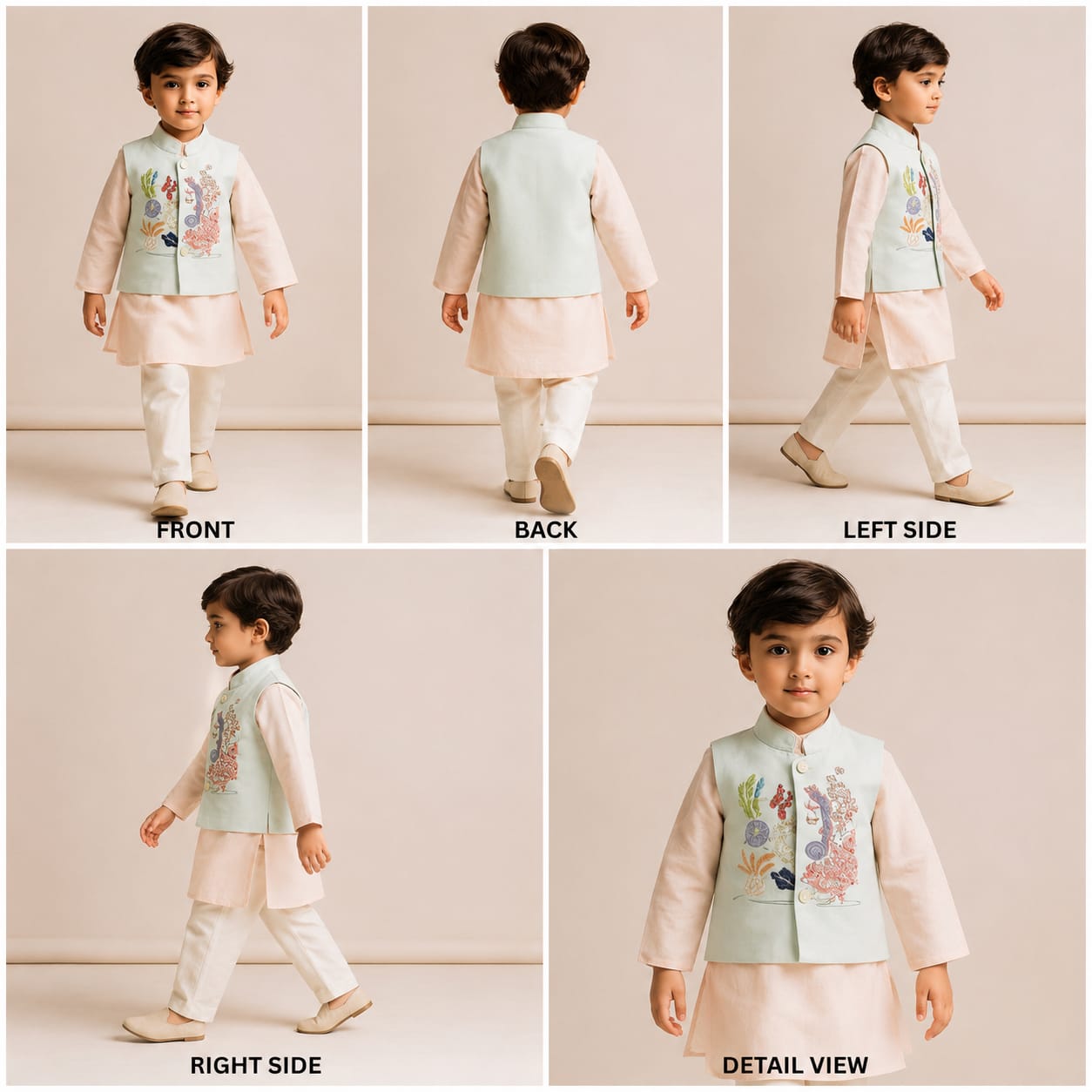 Pre Order: Peach Kurta With Sea Life Embroidered Jacket And Pyjama