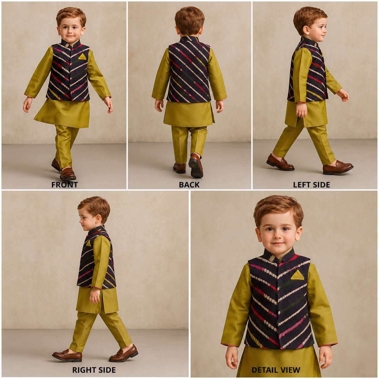 Pre Order: Green Kurta With Printed Multicolour Jacket And Pyjama