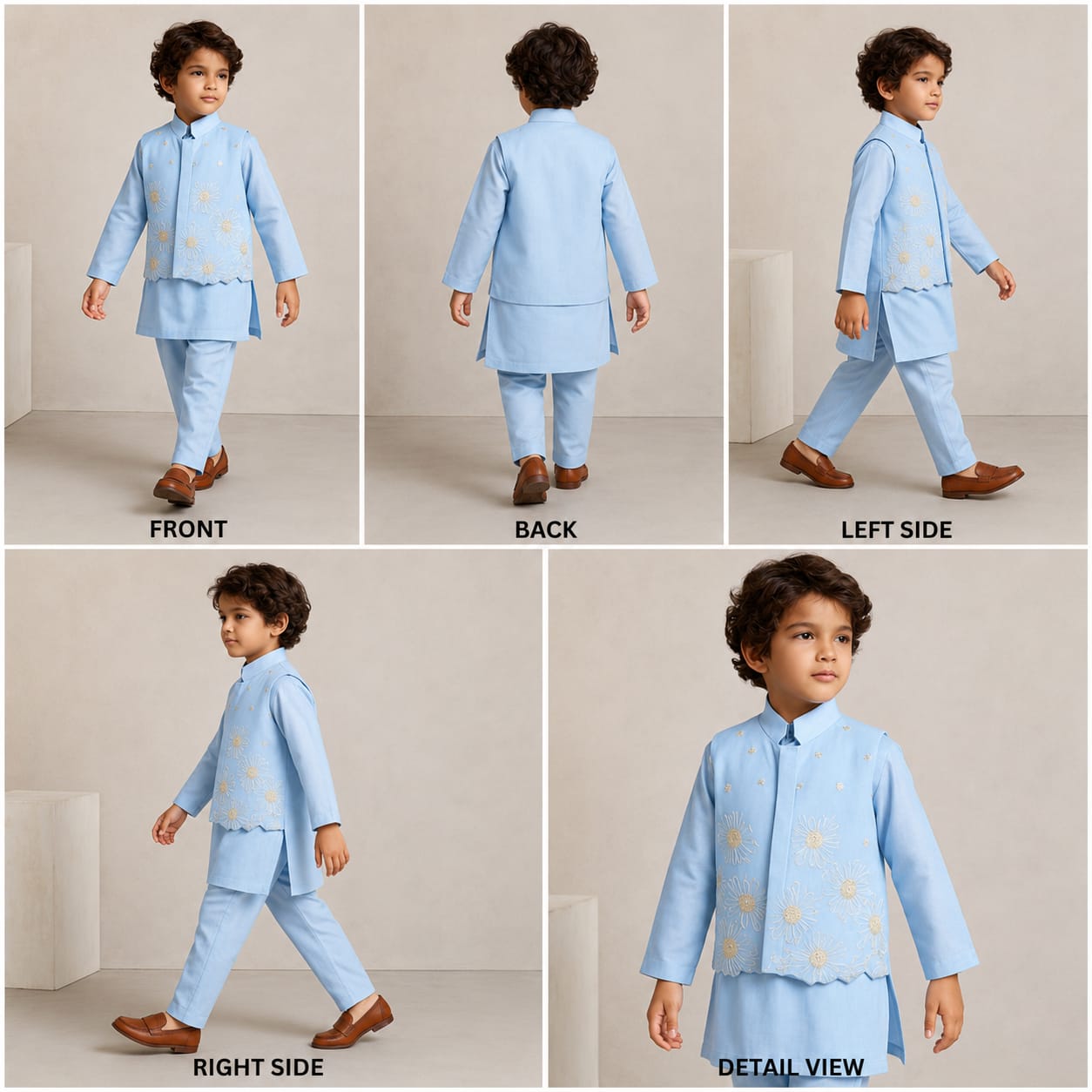 Pre Order: Silk Mandarin Collar Blue Kurta With Open Jacket And Pyjama