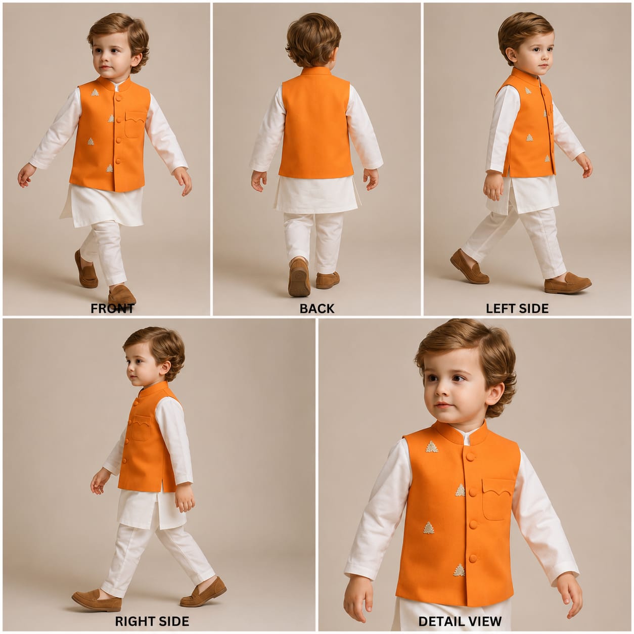 Pre Order: Ethnic Kurta With Patch Pocket Orange Jacket And Pyjama