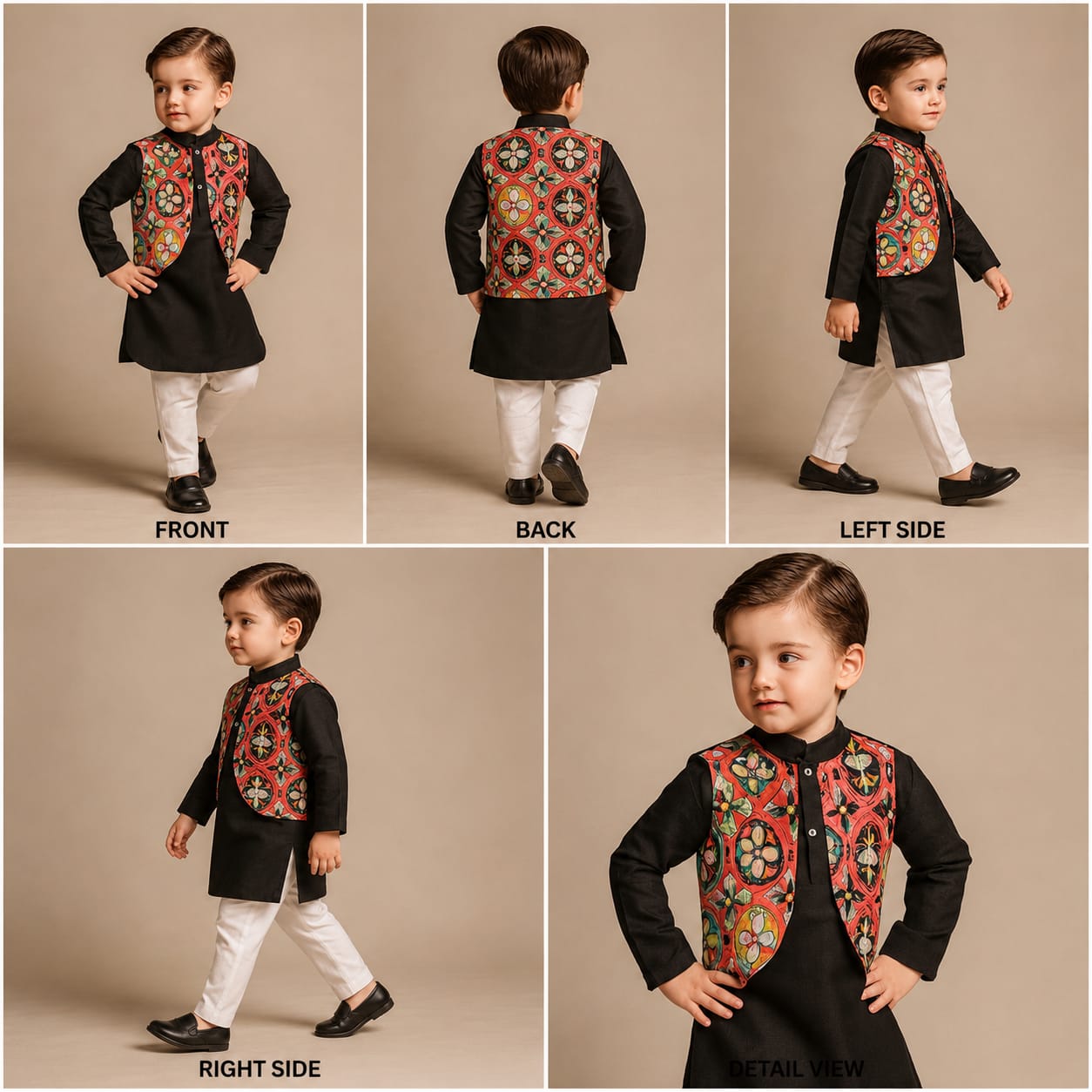 Pre Order : Abstract Printed Jacket Style Black Kurta And Pyjama