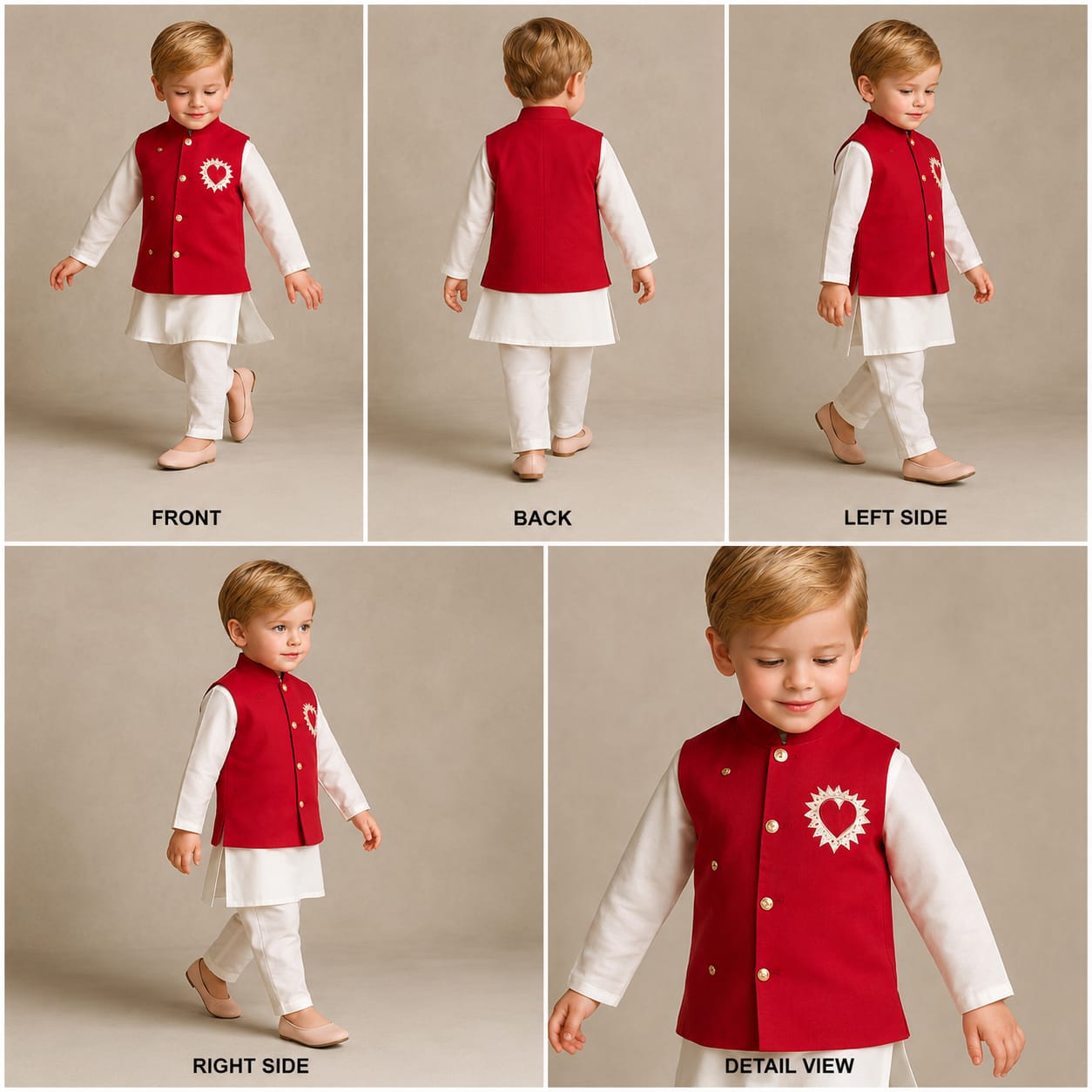 Pre Order: Ethnic Kurta With Shimmery Buttons Adorned Red Jacket And Pyjama