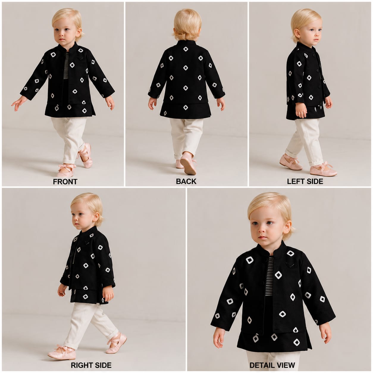 Pre Order: Bandhani Printed Black Kurta And Jacket With Off White Pyjama