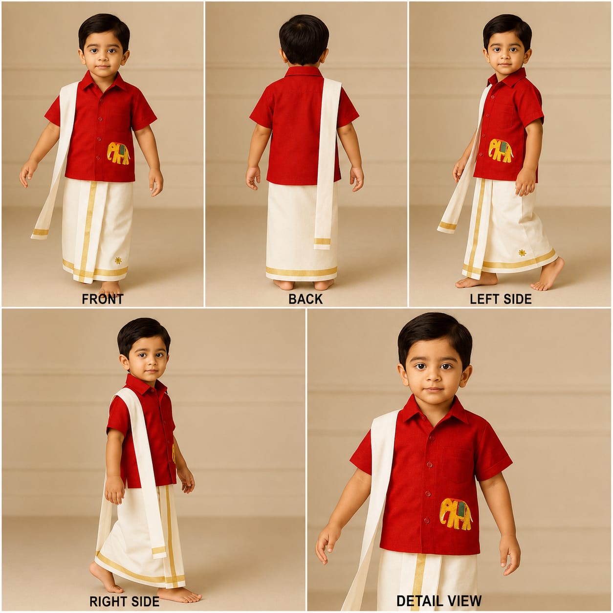 Pre Order: Multicolor Elephant Embroidered Red Mundu Shirt With Lungi And Angavastram (Shawl) Set