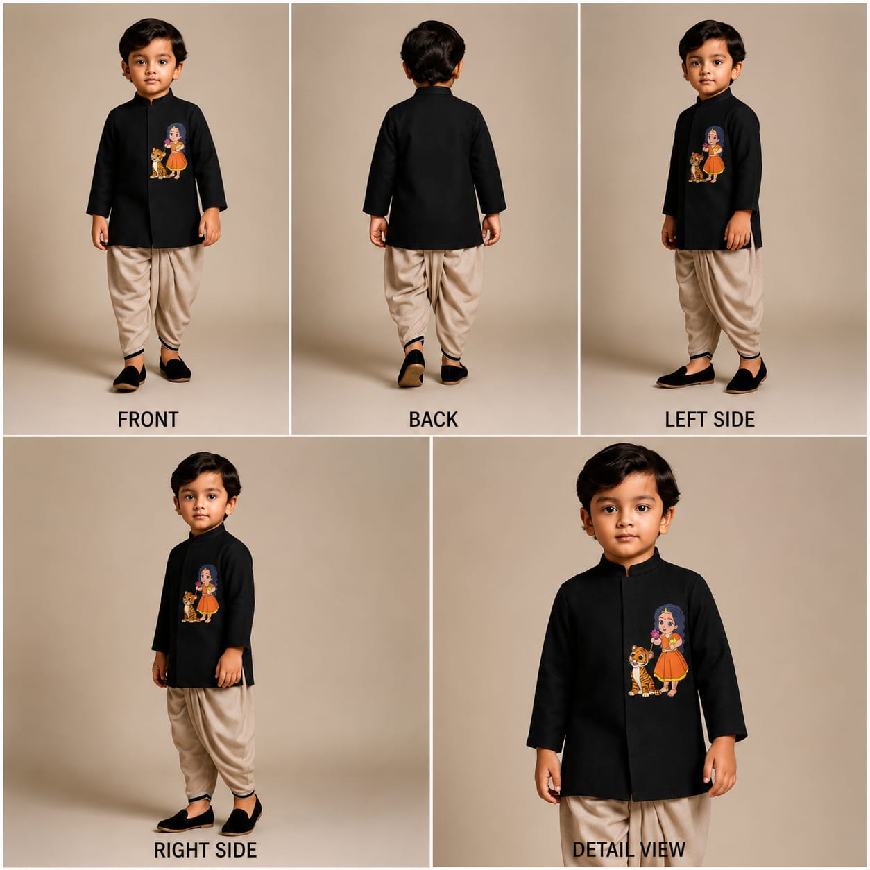 Pre Order: Maa Kushmanda with tiger and lotus Black Kurta With Dhoti