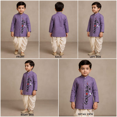 Pre Order: Purple Vakratunda Ganesh Hand Painted Kurta With Off White Dhoti
