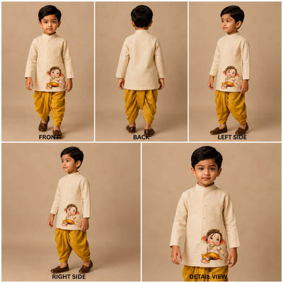 Pre Order: Off White Cute Ganesh Hand Painted Kurta With Yellow Dhoti
