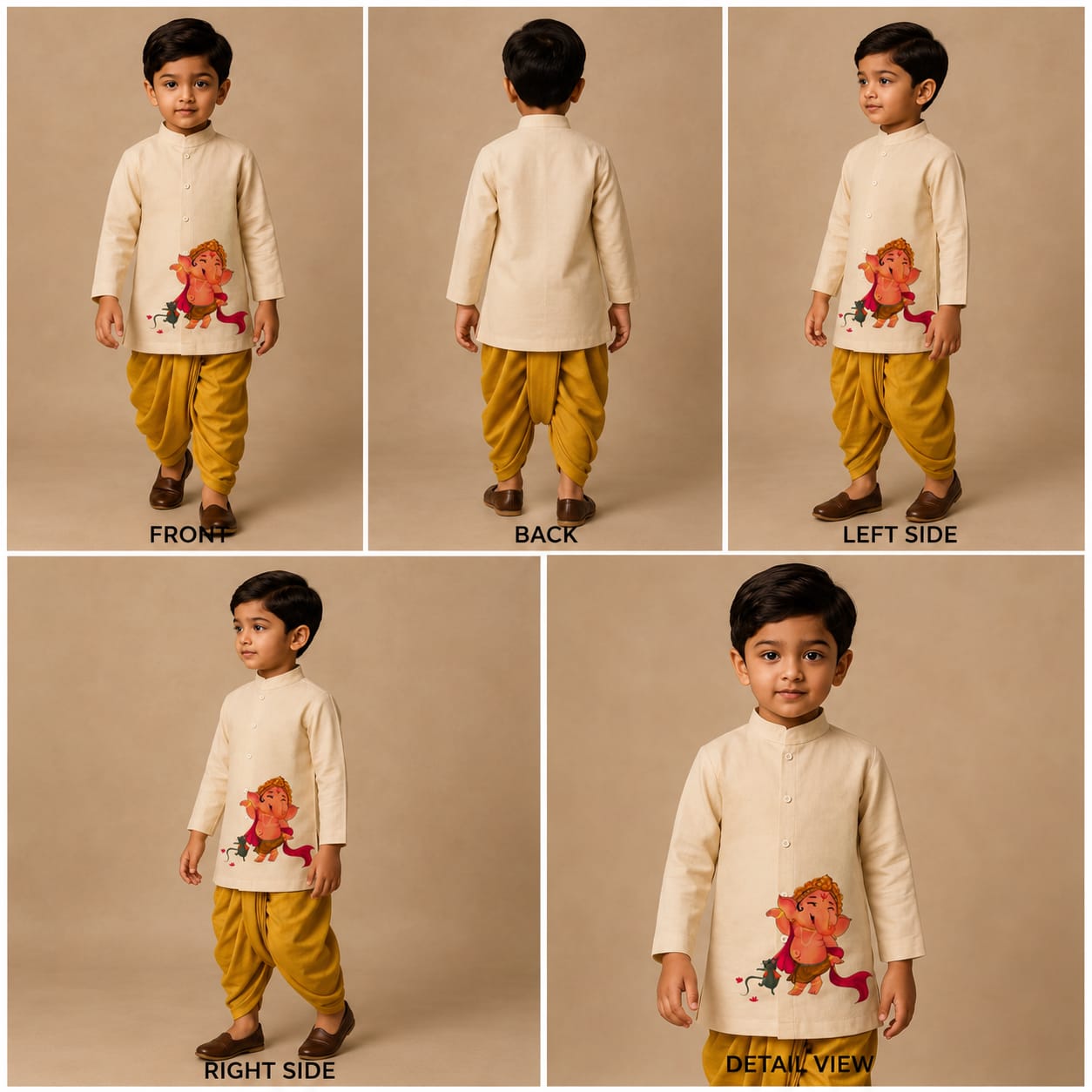 Pre Order: Off White Ganesh Hand Painted Kurta With Yellow Dhoti