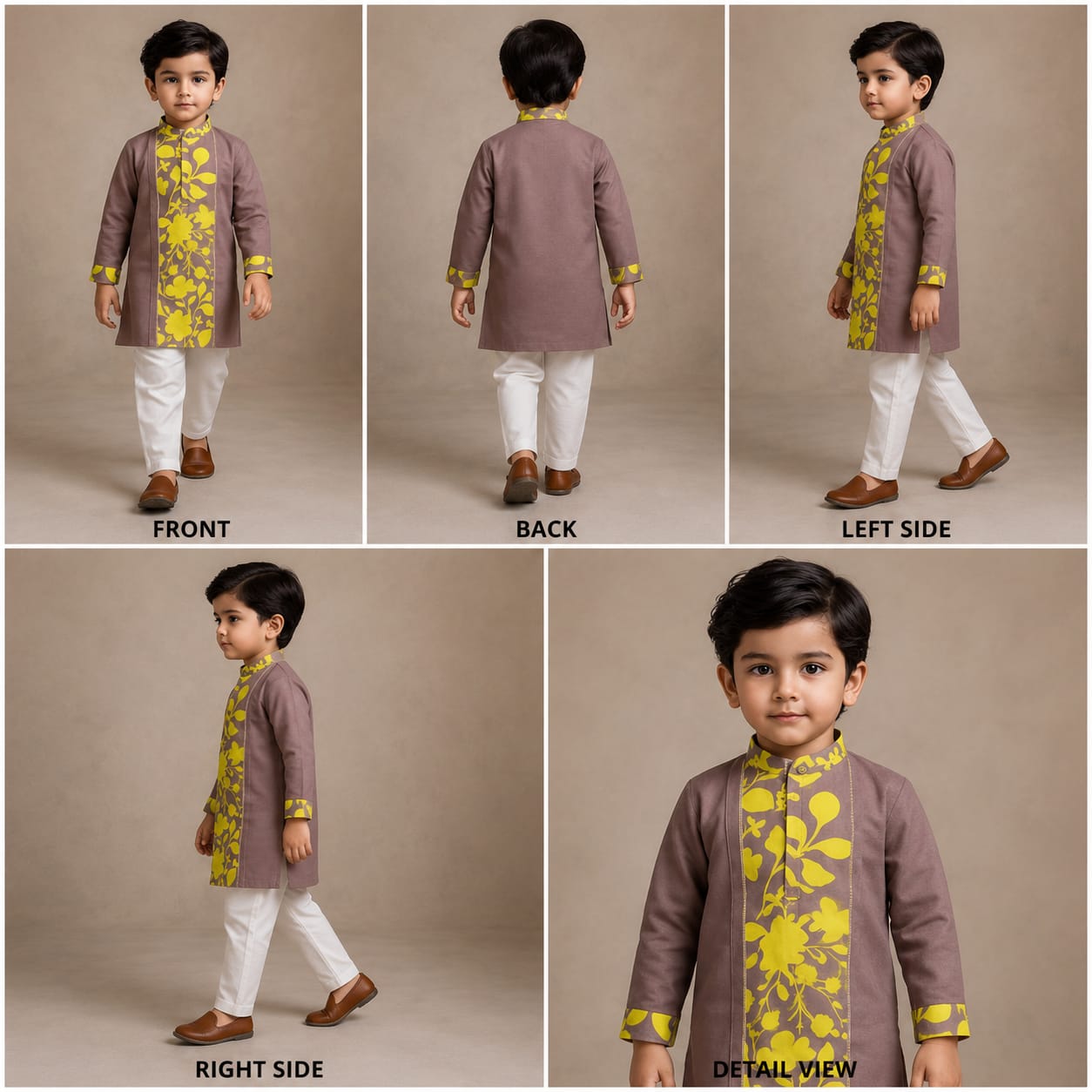 Pre Order: Yellow Floral Printed Pintuck Brown Kurta And Pyjama