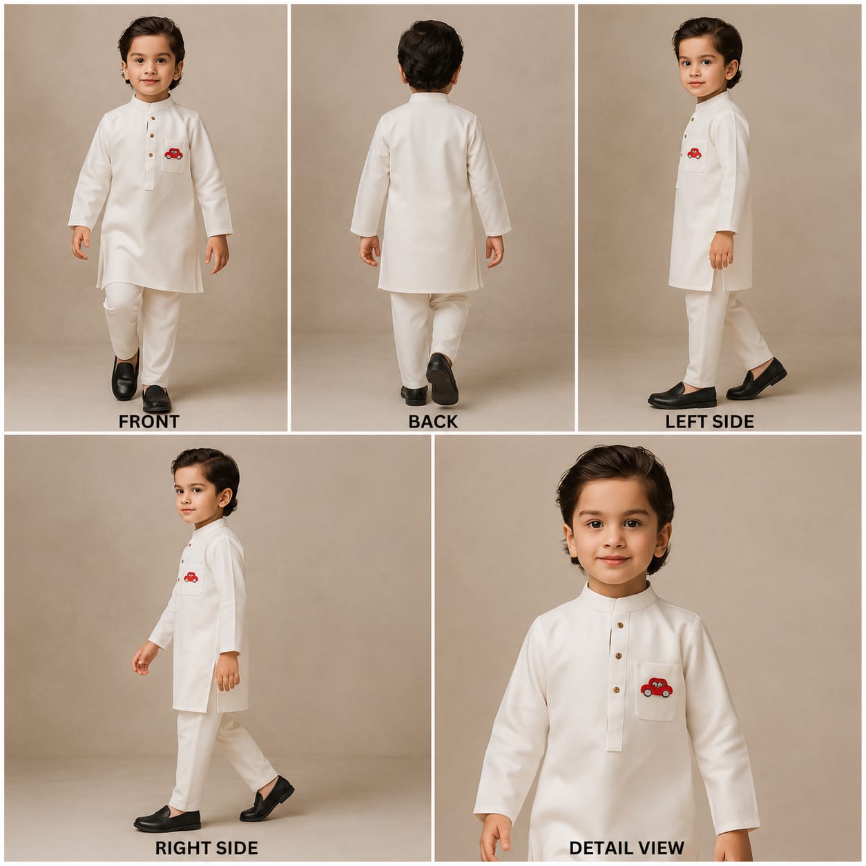 Pre Order: Car Embroidered Patch Pocket Detail White Kurta