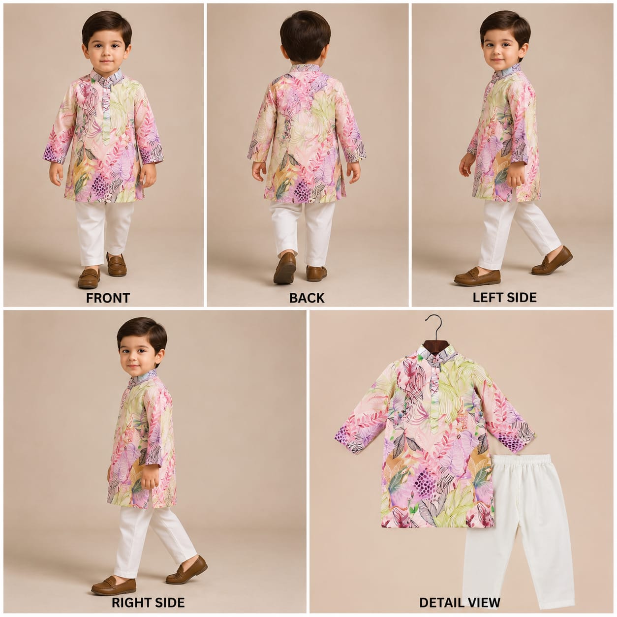 Pre Order: Multicolour Leaf Printed Peach Ethnic Kurta And Churidar
