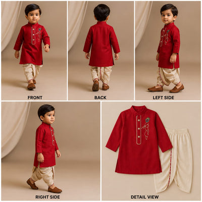 Pre Order: Krishna Embroidered Red Kurta And Dhoti