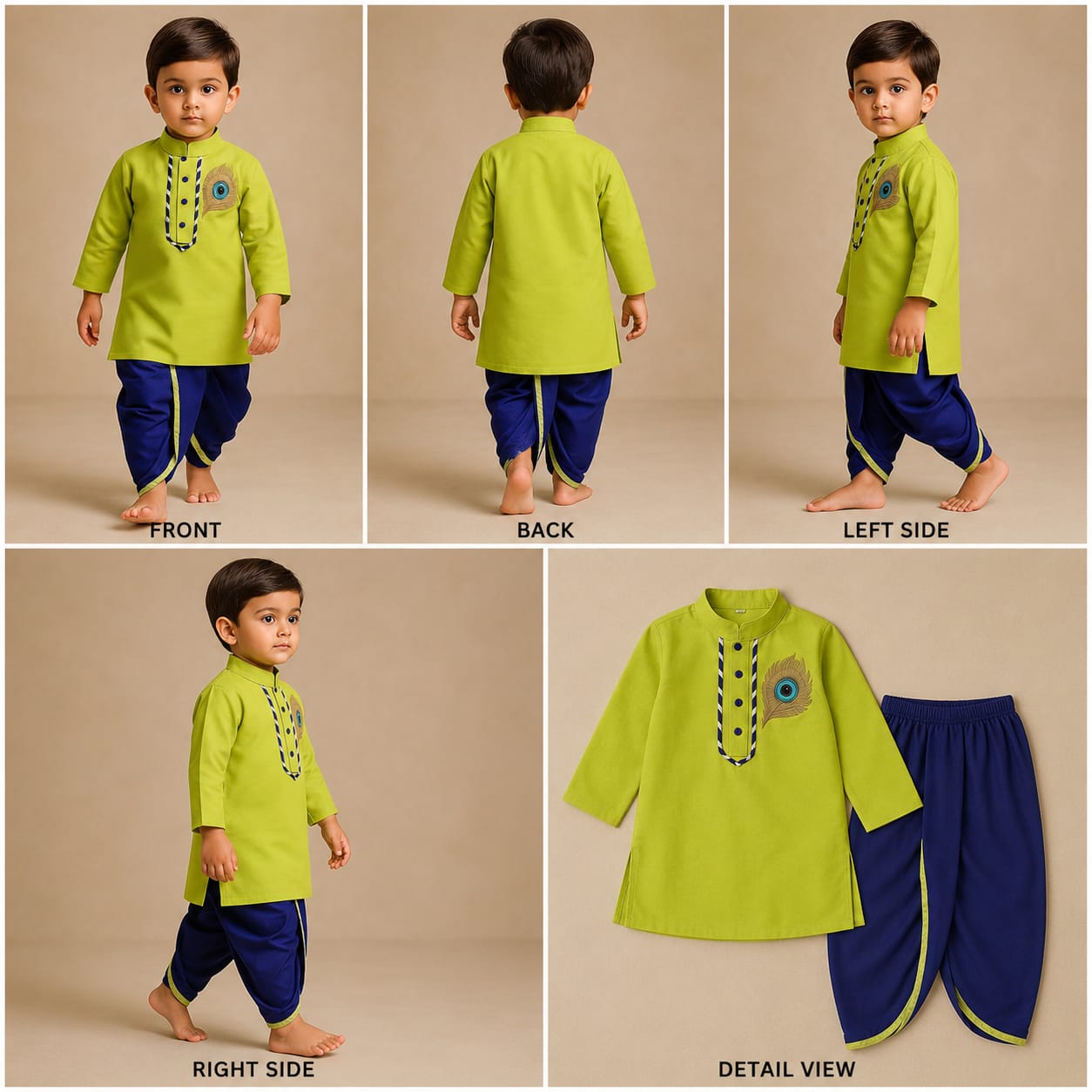 Pre Order: Janmashtami Special:Parrot Green Gota Lace Detailed Kurta With Dhoti