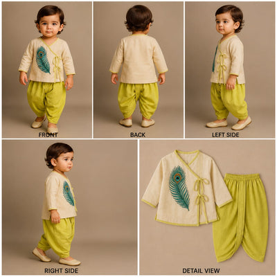 Pre Order: Mor Pankh Embroidered Off White Kurta With Green Dhoti