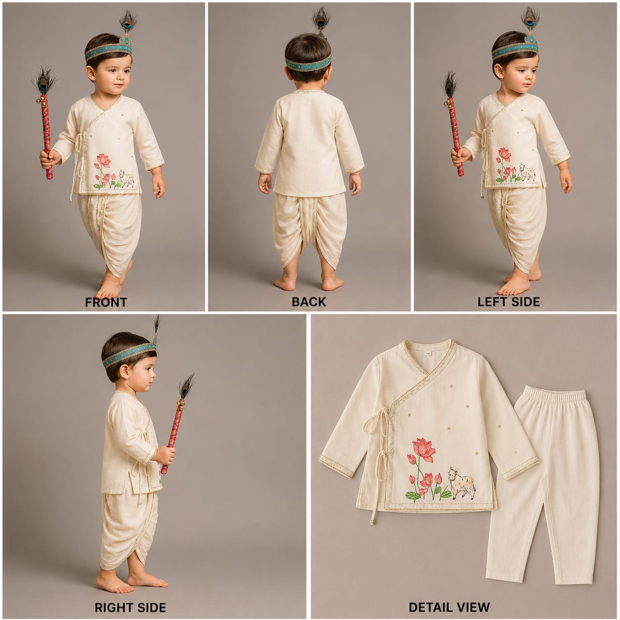 Pre Order: Floral Hand-Painted Off-White Kurta And Lurex Striped Dhoti
