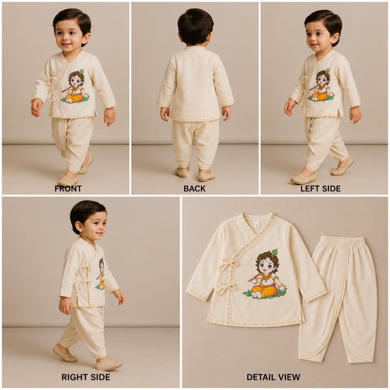 Pre Order: Beautiful Krishna Hand-Painted Off-White Kurta And Lurex Striped Dhoti