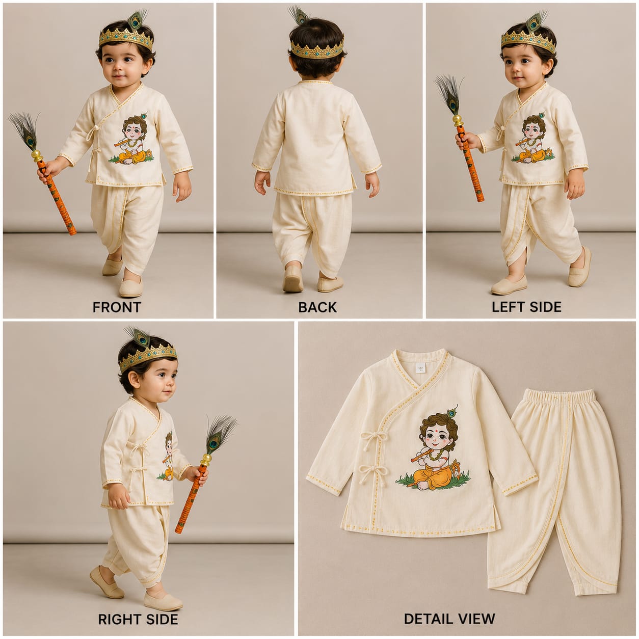 Pre Order: Krishna Hand-Painted Off-White Kurta And Lurex Striped Dhoti