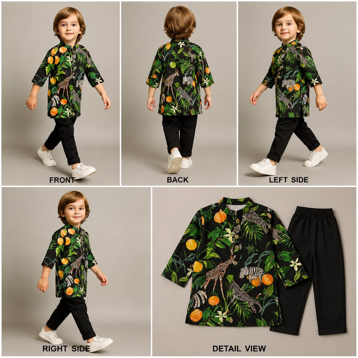 Pre Order: Black Jungle Safari Printed Kurta With Pyjama