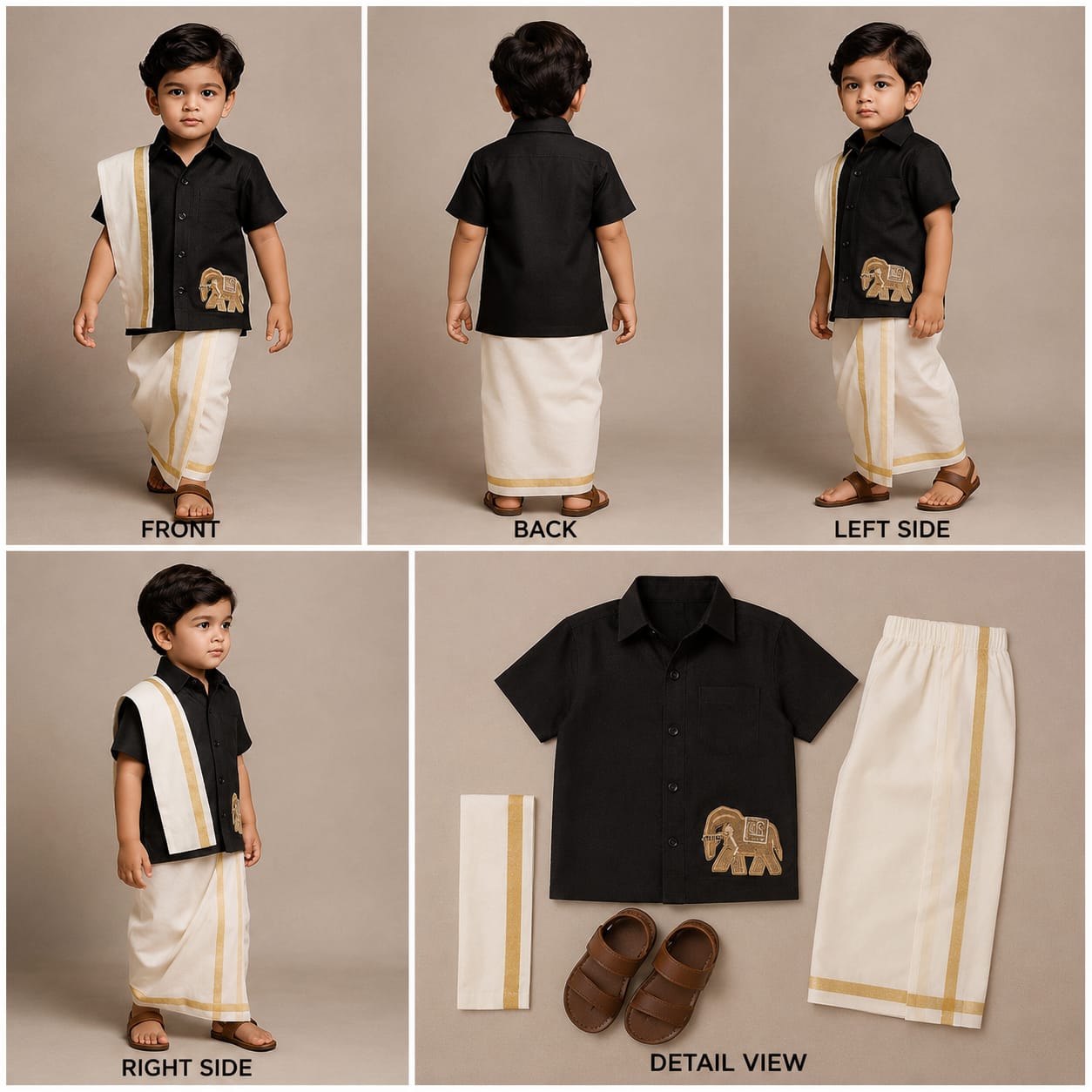 Pre Order: Elephant Embroidered Black Mundu Shirt With Lungi And Angavastram (Shawl) Set