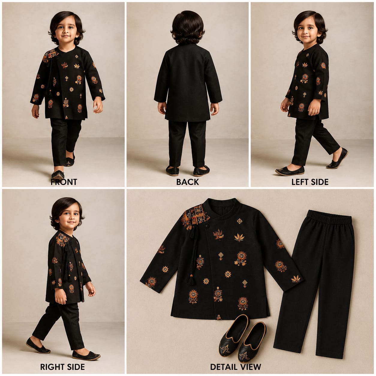 Pre Order: Black Asymmetric Floral Embroidered Kurta With Pyjama