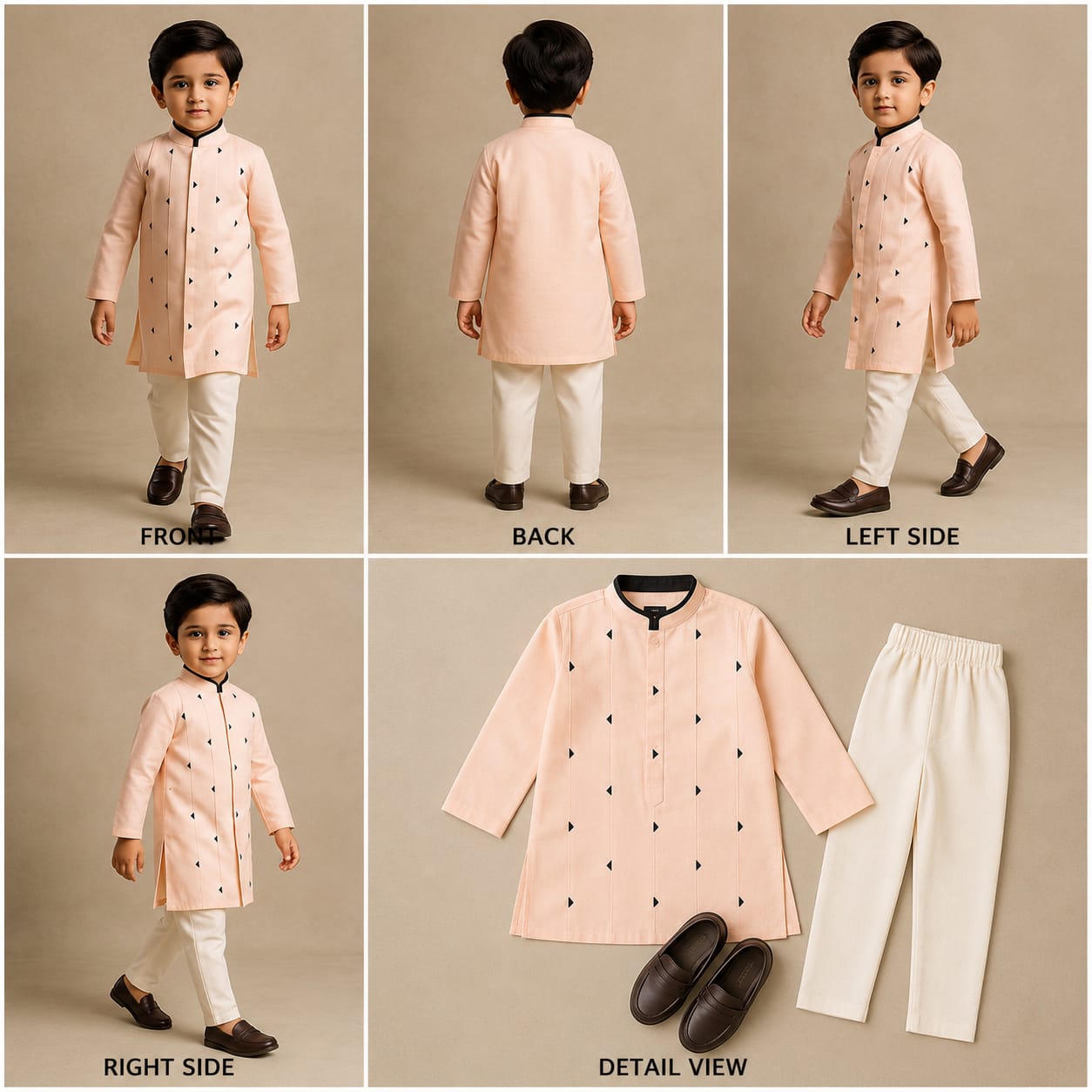 Pre Order: Black Triangular Detailed Peach Silk Kurta With Pyjama