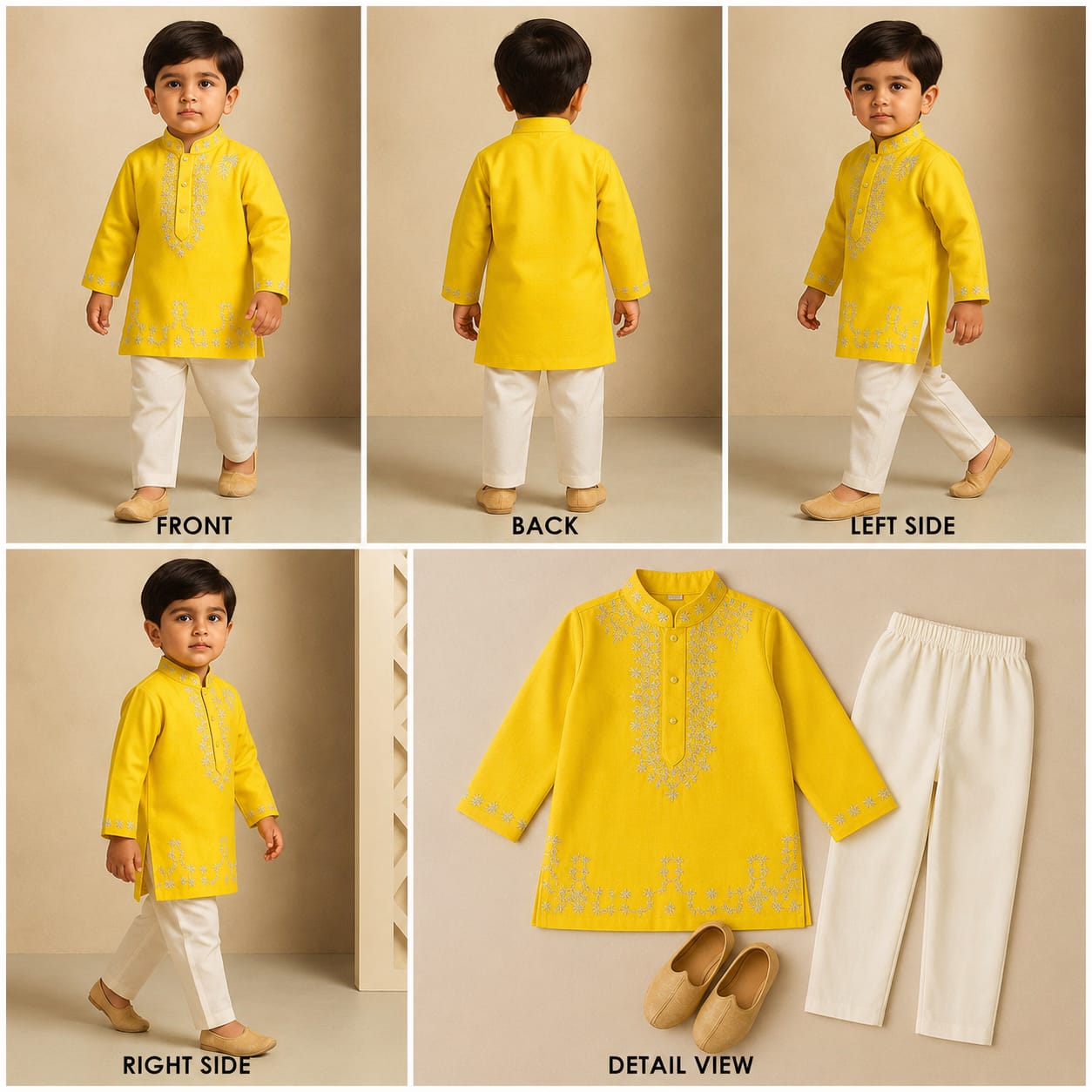 Pre Order: Yellow French Knot Embroidered Chanderi Kurta With White Pyjama