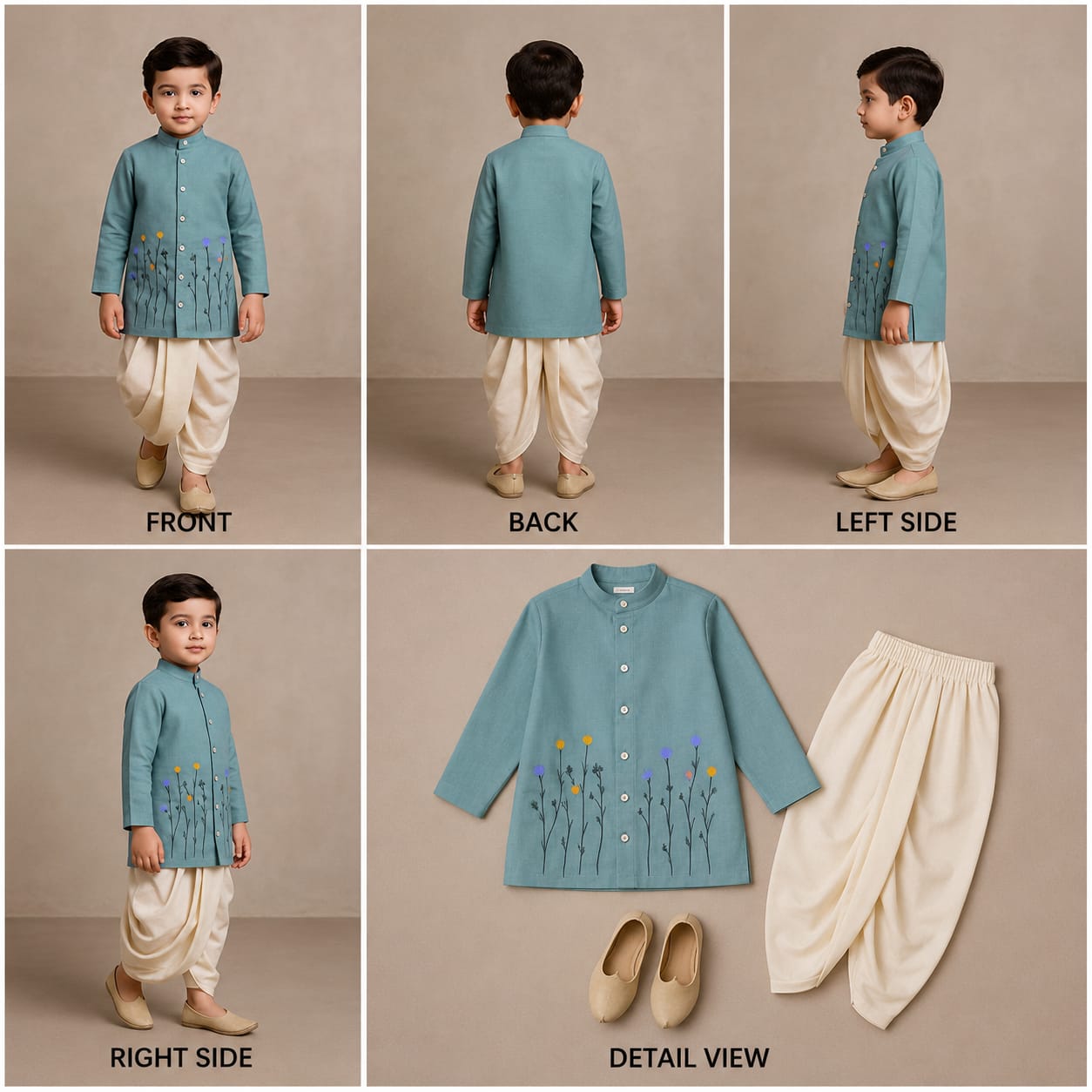 Pre Order: Teal Blue Garden Hand Painted Kurta And Dhoti