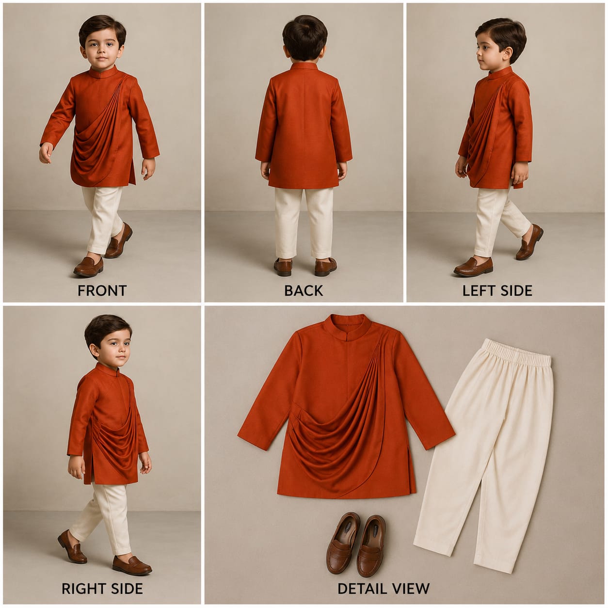 Pre Order: Rust Flap Kurta With Pleated Drape Detailing And Pant