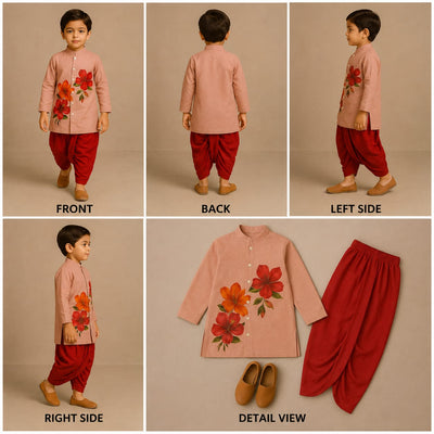 Pre Order: Floral Peach And Red Hand Painted Dhoti Kurta Set