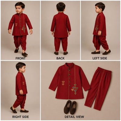 Pre Order: Side Knot Detail Red Poplin Kurta And Dhoti