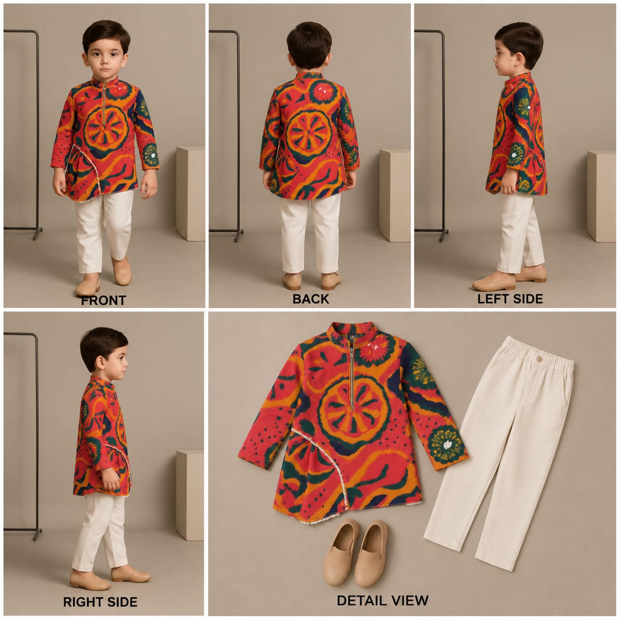 Pre Order: Pleated Stylish Hem Multicolour Kurta And Pyjama