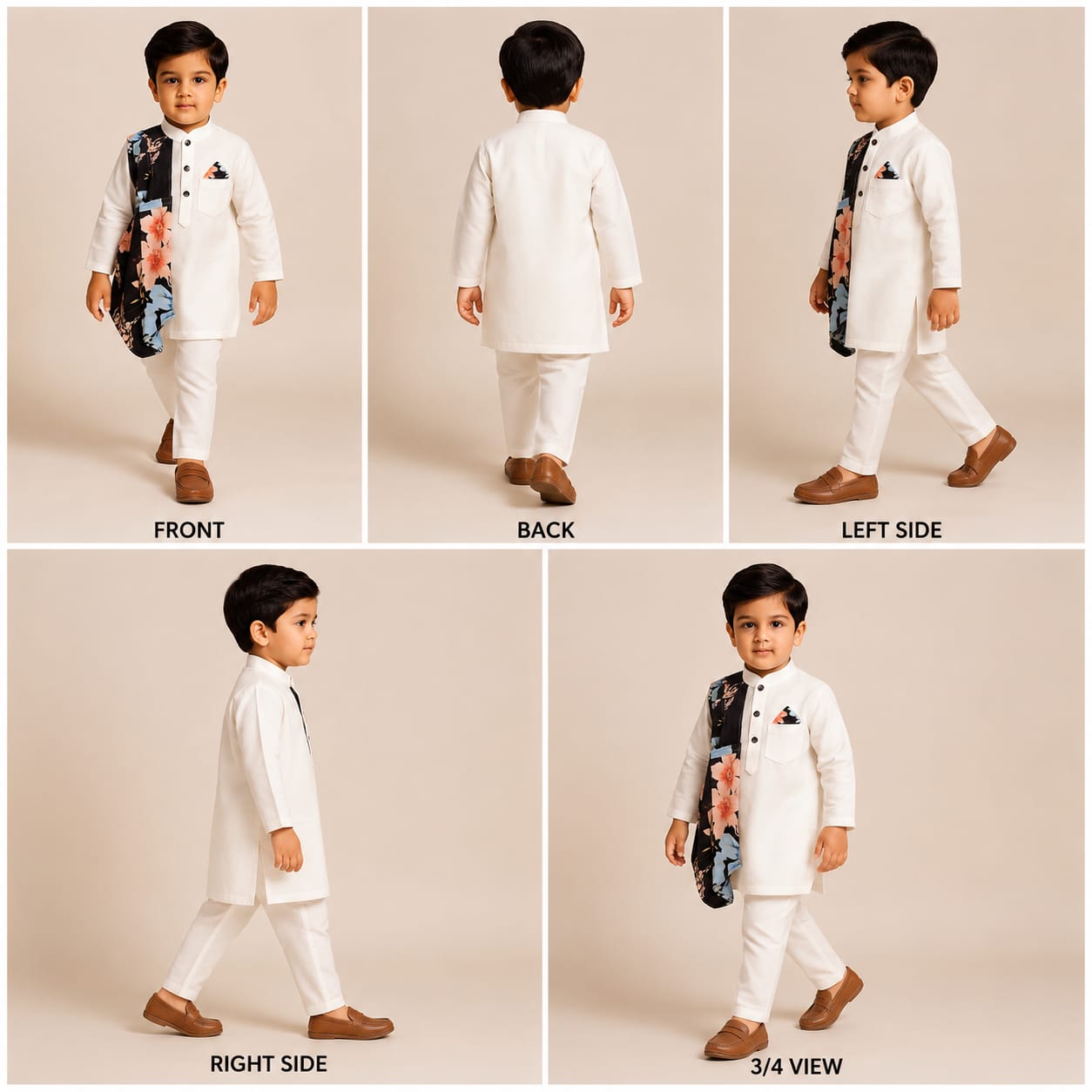 Pre Order: Off White Kurta With One Side Black Printed Panel And Pyjama
