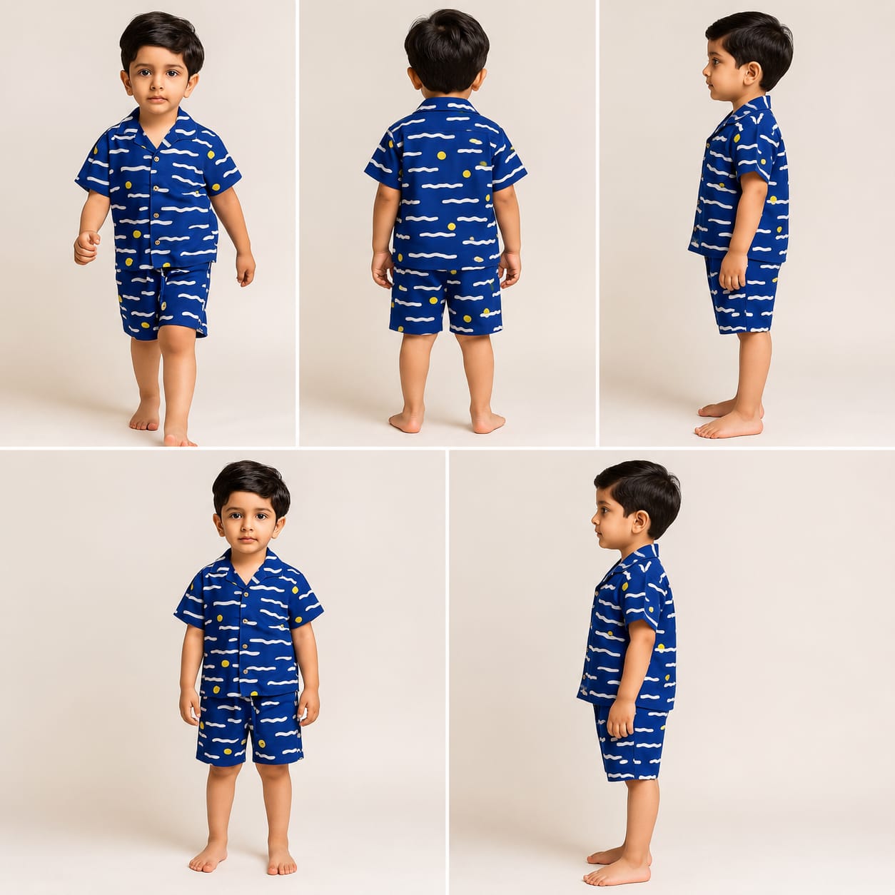 Pre Order: Blue Printed Notch Collar Shirt And Dual Pockets Detail Shorts