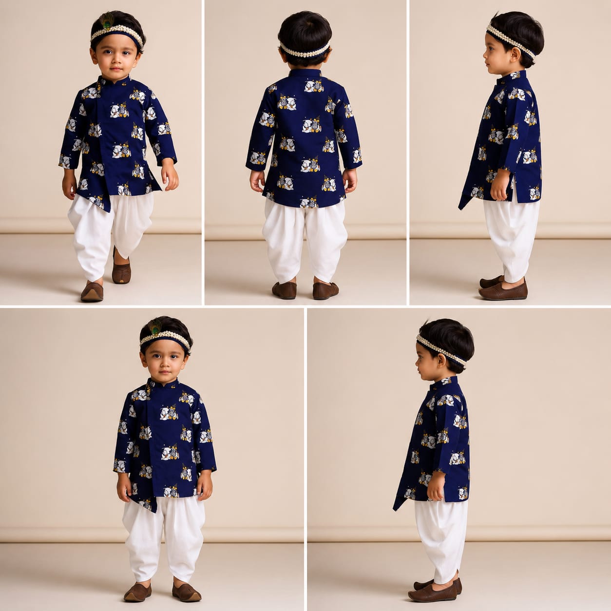 Pre Order: Janmashtami Special: Krishna Printed Blue Kurta With Dhoti