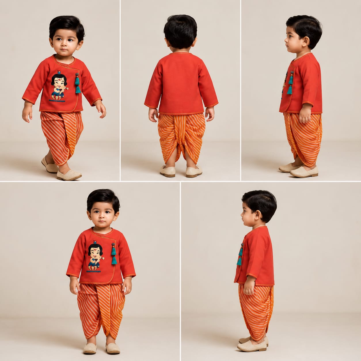Janmashtami Special Pre Order : Krishna Hand Embroidered Front Open Kurta And Dual Tone Leheriya Dhoti