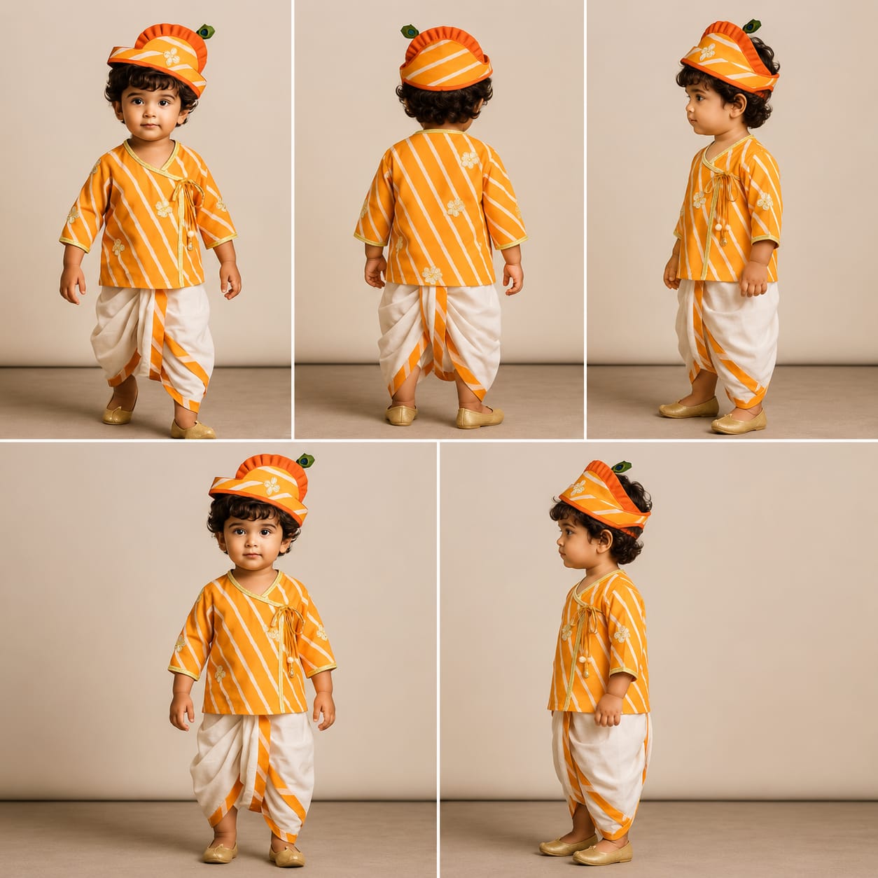 Janmashtami Special Pre Order : Leheriya Printed Angarkha Style Orange Kurta And Dhoti