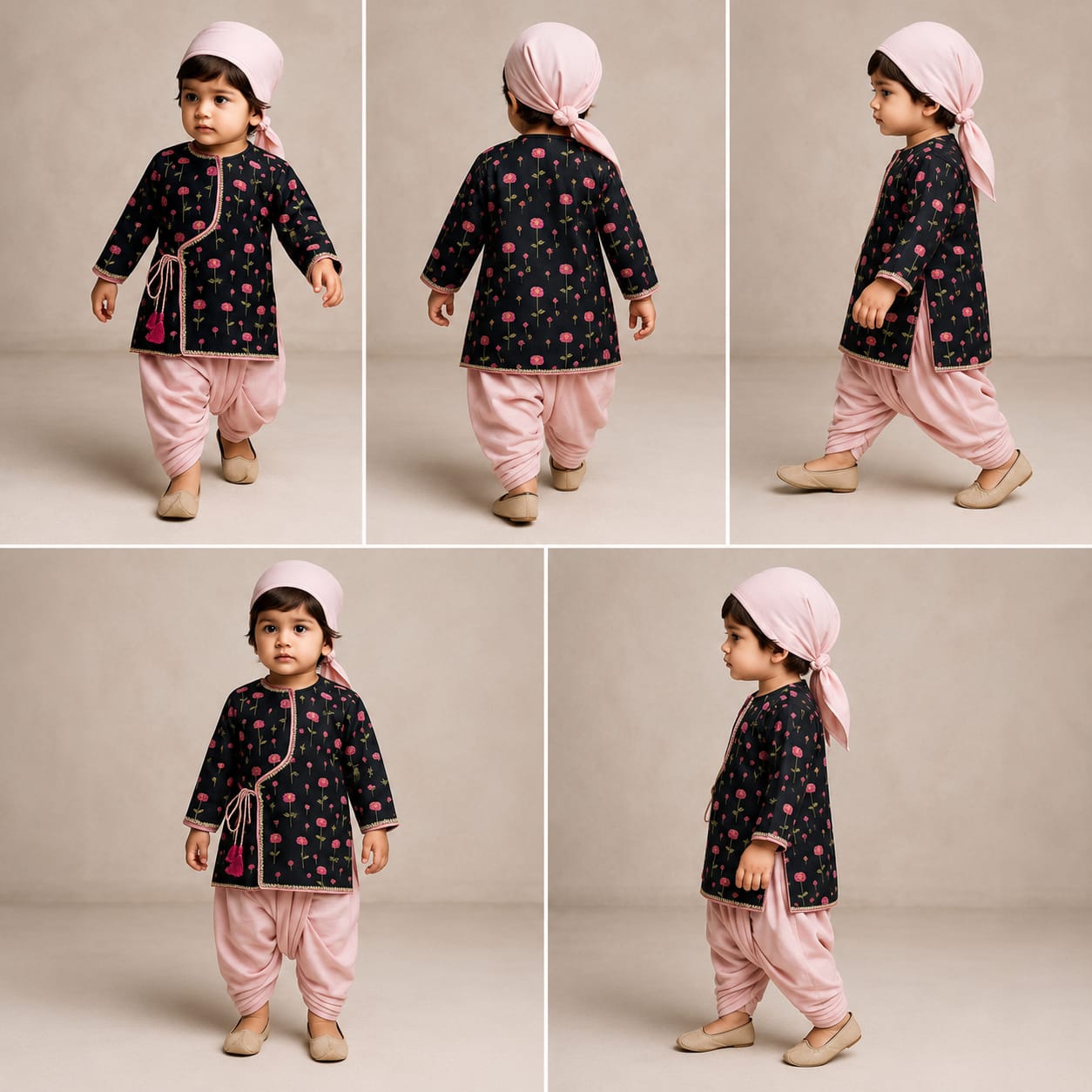Pre Order: Lotus Printed Side Knot Detail Black Kurta And Pink Dhoti With Matching Mukut