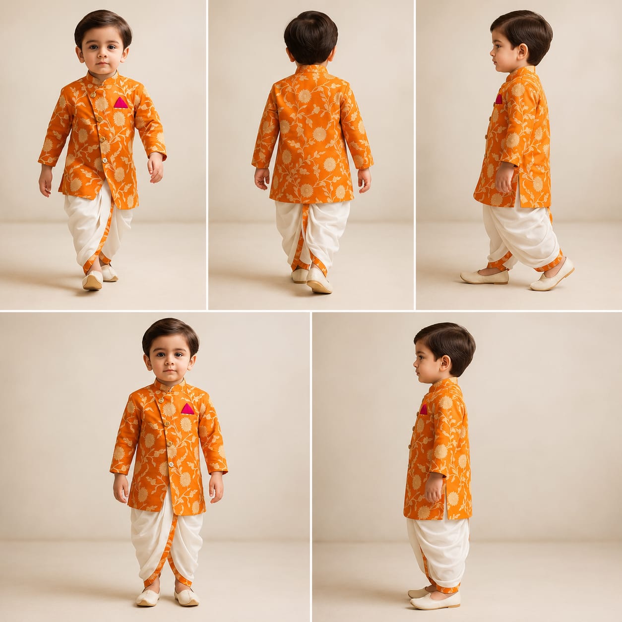 Pre Order: Orange Floral Brocade Asymmetric Kurta With Dhoti