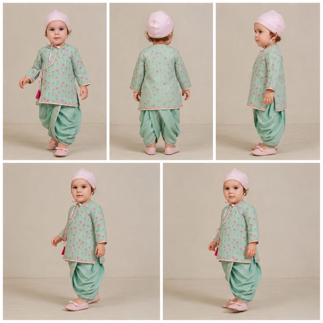 Pre Order: Floral Printed Mint Green Tie Up Angrakha Kurta And Dhoti With Baby Pink Mukut