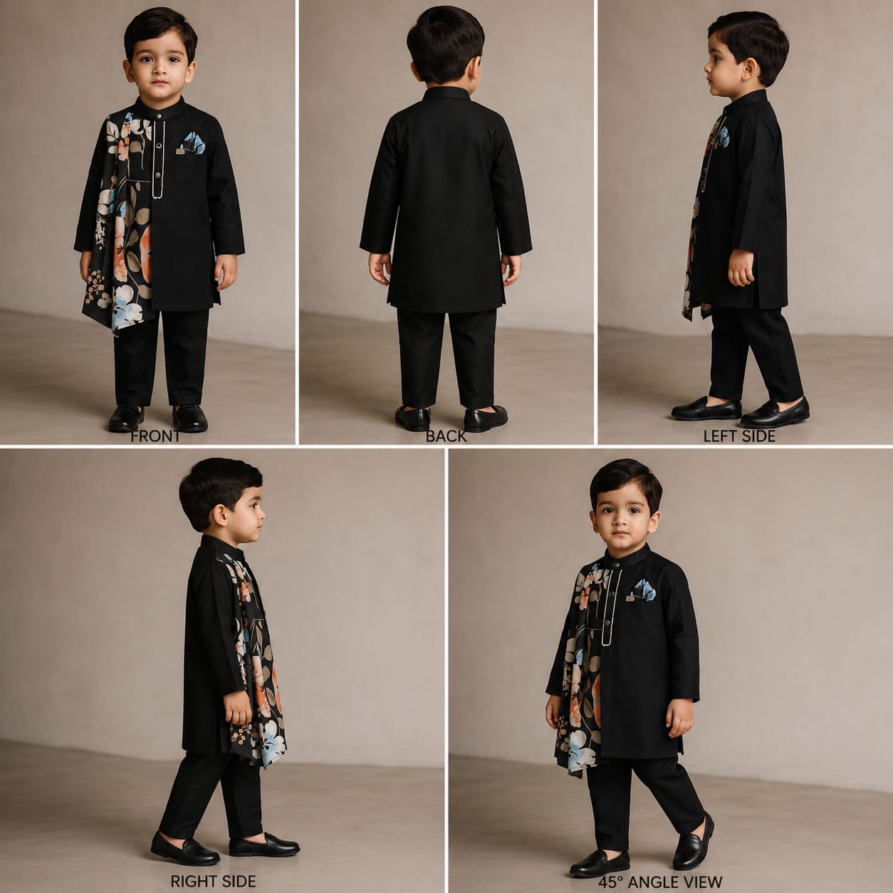 Pre Order: Stylish Black Kurta With Attached Printed Flap And Pyjama