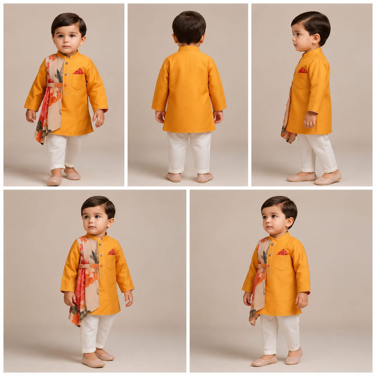 Pre Order: Orange Plain Kurta With One Side Printed Panel And Pyjama