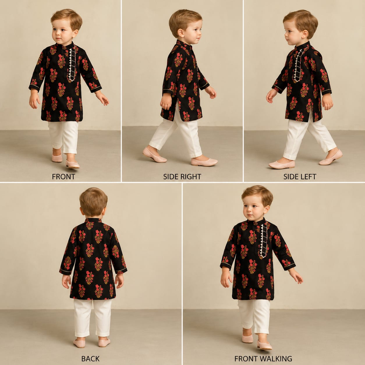Pre Order: Leaf Adorned Black Floral Printed Kurta And Pyjama