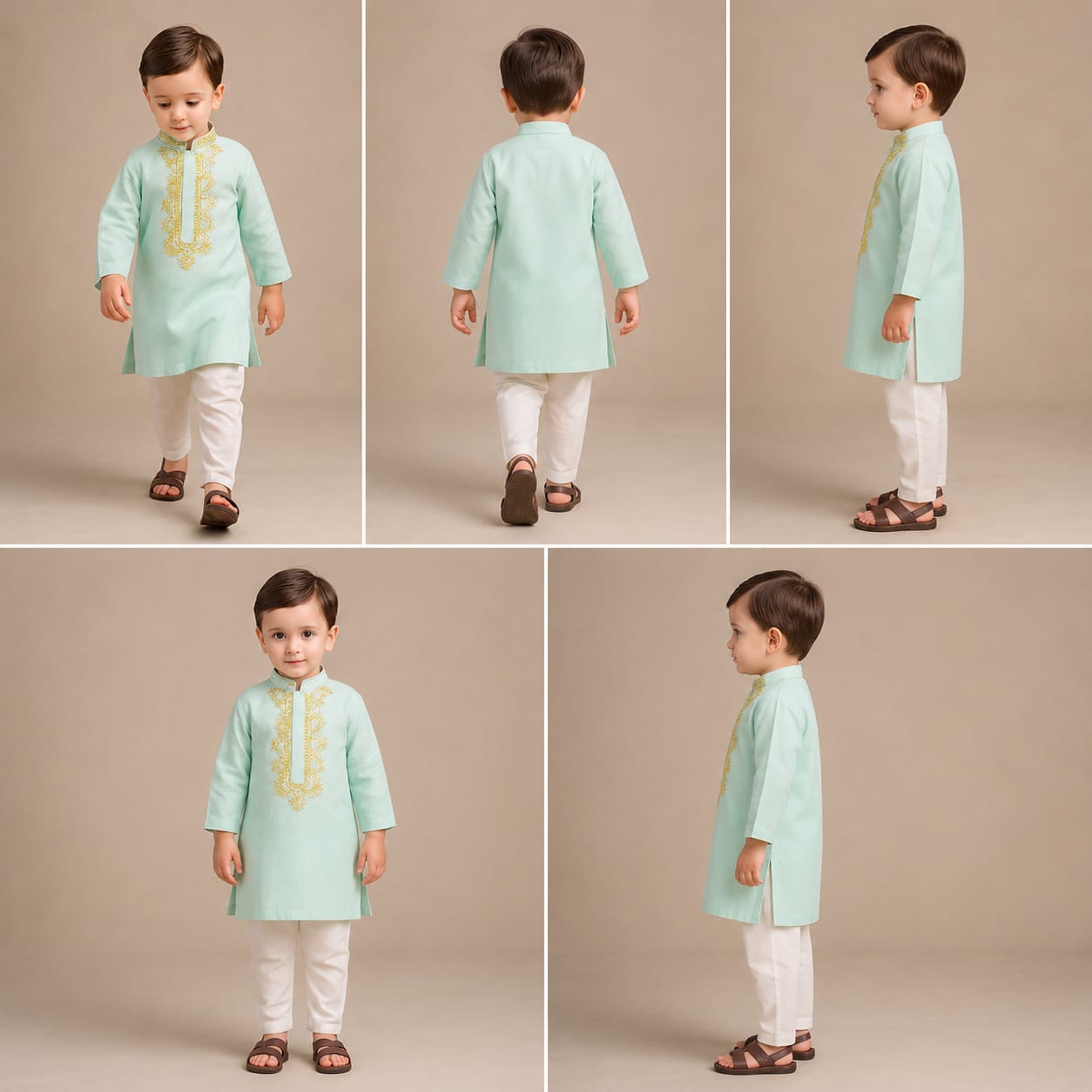Pre Order: Embroidered Collar And Placket Green Kurta With Churidar