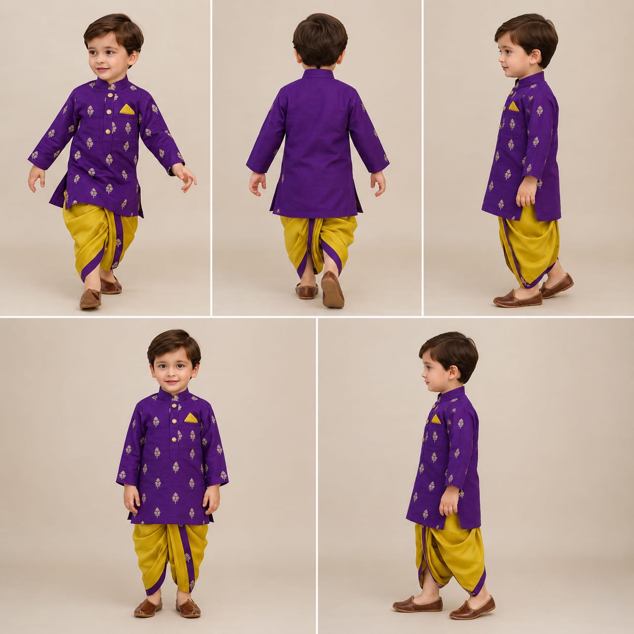 Pre Order: Embroidered Purple Kurta And Mustard Dhoti