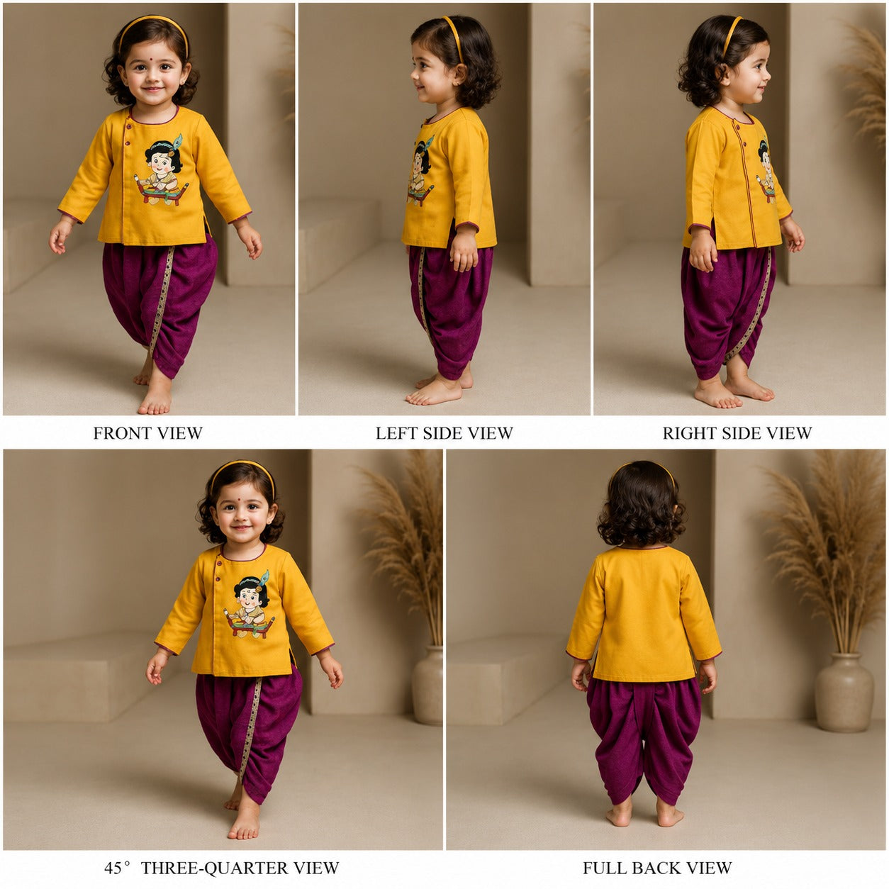 Pre Order: Hand-Embroidered Krishna Motif Angarkha Kurta With Purple Dhoti