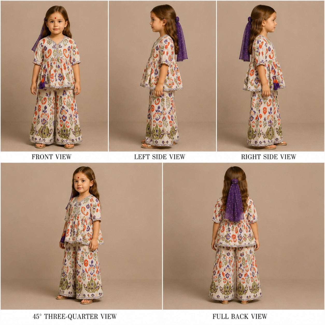 Pre Order: Tassels Enhanced Multicolour Printed Kurti And Sharara With Scalloped Lace Detail Lavender Dupatta